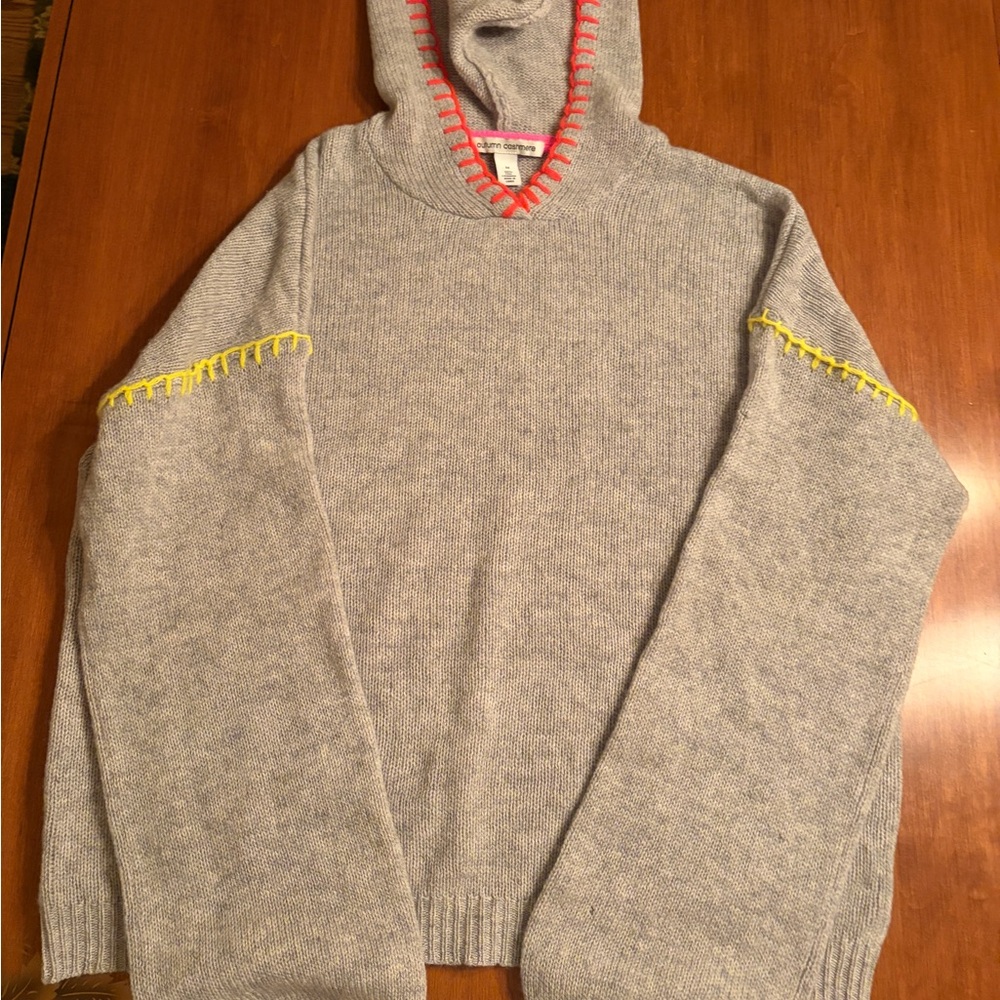 Autumn Cashmere Gray V-Neck Sweater with Red and Yellow Accents